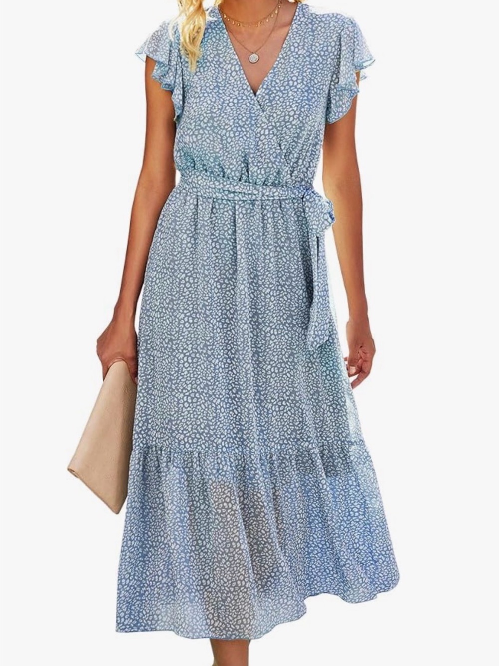 Short Sleeve Light Blue Floral Wrap Midi Dress